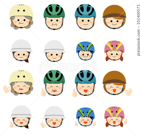Illustration set of people wearing cycle helmets 101400571
