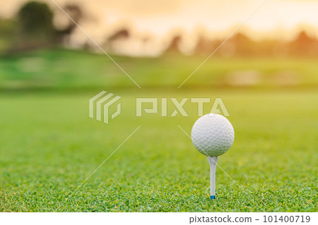 Golf ball on tee ready to be shot at golfcourt Golf ball on tee ready to be shot at golfcourt 101400719