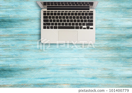 Laptop computer on wood table top view Laptop computer on wood table top view 101400779