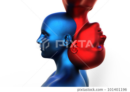 3d render. Merger of a male blue head and a red female head on a white background. 3d render. Merger of a male blue head and a red female head on a white background. 101401196