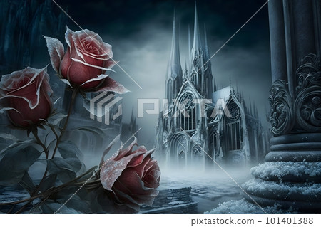 Winter gothic castle with roses. Neural network AI generated art Winter gothic castle with roses. Neural network AI generated art 101401388