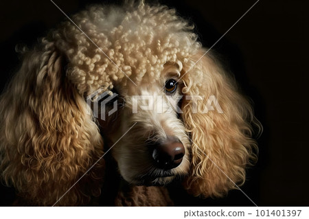 Portrait of a poodle dog on a black background. Neural network AI generated art Portrait of a poodle dog on a black background. Neural network AI generated art 101401397