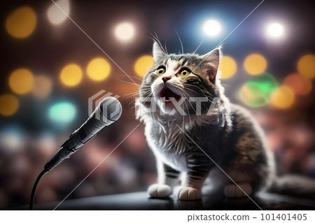 Cat artist sings into a microphone. Neural network AI generated art 101401405