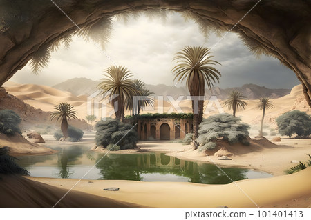 Oasis in the desert. Neural network AI generated art 101401413
