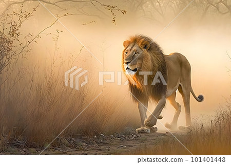 Single lion looking regal standing proudly on a small hill. Neural network AI generated art 101401448