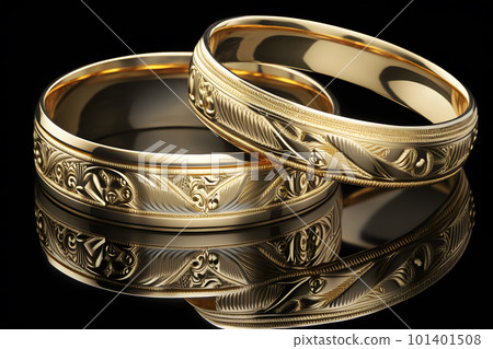 Original gold wedding rings on a dark background. Neural network AI generated art 101401508