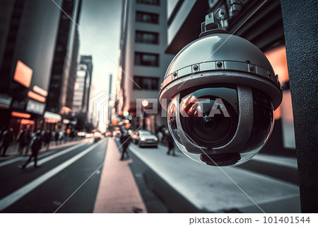 CCTV Camera or surveillance operating on street and building at night. Neural network AI generated art CCTV Camera or surveillance operating on street and building at night. Neural network AI generated art 101401544