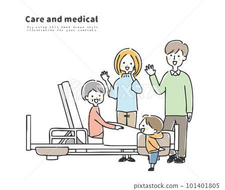 Simple line drawing illustration of a senior woman in hospital 101401805