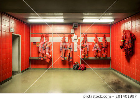 Locker room of a fire department with protection uniforms and helmets. Neural network AI generated art 101401997