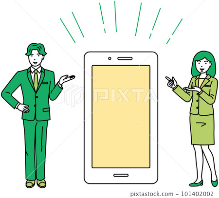 Male and female employees showing smartphones Male and female employees showing smartphones 101402002