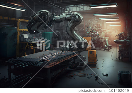 New robot setting of machine welding for the production line of vehicle industrial factory. Neural network AI generated art 101402049