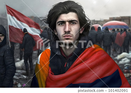 A man in front of a protesting crowd. Neural network AI generated art 101402091