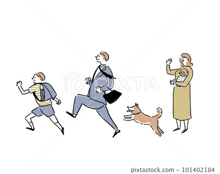 跑步的小學生，商人，狗，抱著招手的嬰兒的女人，家人，家人（白色背景） 101402184