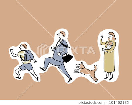 小學生跑步，商人，狗，女人抱著嬰兒揮手，家庭，家庭（背景色） 101402185