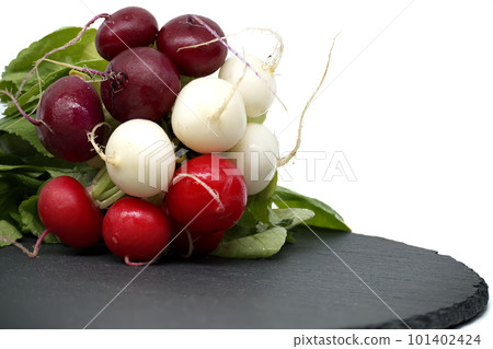 Bunch of fresh radishes over white background Bunch of fresh radishes over white background 101402424