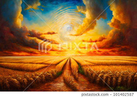 Gold Wheat flied panorama with tree at sunset, rural countryside. Neural network AI generated art 101402587