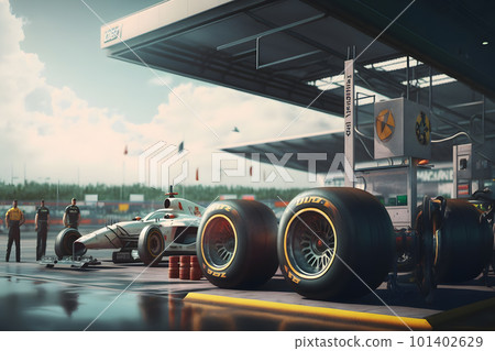pit stop workers and engineers maintaining technical service for a racing car during competition event. Neural network AI generated art pit stop workers and engineers maintaining technical service for a racing car during competition event. Neural network AI generated art 101402629