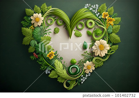 Heart made of flowers against mint green background. Creative spring idea. Flowers heart. Neural network AI generated art Heart made of flowers against mint green background. Creative spring idea. Flowers heart. Neural network AI generated art 101402732