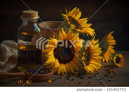 Rural still life sunflower oil in bottle with flowers of sunflower Helianthus annuus in dark light. Neural network AI generated art Rural still life sunflower oil in bottle with flowers of sunflower Helianthus annuus in dark light. Neural network AI generated art 101402733