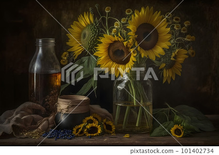 Rural still life sunflower oil in bottle with flowers of sunflower Helianthus annuus in dark light. Neural network AI generated art Rural still life sunflower oil in bottle with flowers of sunflower Helianthus annuus in dark light. Neural network AI generated art 101402734