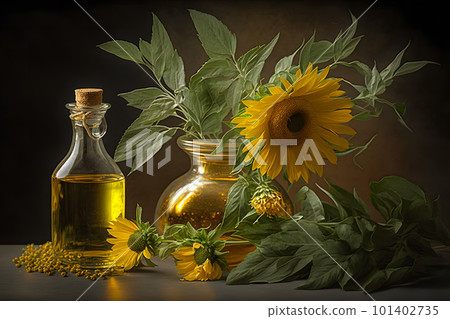Rural still life sunflower oil in bottle with flowers of sunflower Helianthus annuus in dark light. Neural network AI generated art Rural still life sunflower oil in bottle with flowers of sunflower Helianthus annuus in dark light. Neural network AI generated art 101402735