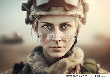 Pretty female soldier portrait. Neural network AI generated art 101403223
