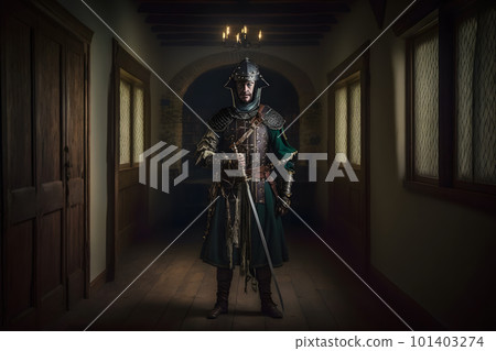 Medieval knight in castle portrait. Neural network AI generated art 101403274