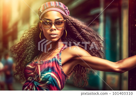 Young afrcan american female dancer dancing hip hop dance. Neural network AI generated art 101403310