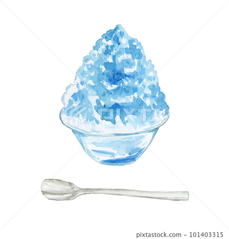 玻璃碗中藍色夏威夷刨冰的手繪水彩插圖 玻璃碗中藍色夏威夷刨冰的手繪水彩插圖 101403315