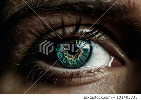 Macro view of a beautiful female eye in stunning blue color. Close-up of the iris, pupil and lashes with focus on the optical anatomy. Perfect of beauty, skin and anatomy. AI Generative. Macro view of a beautiful female eye in stunning blue color. Close-up of the iris, pupil and lashes with focus on the optical anatomy. Perfect of beauty, skin and anatomy. AI Generative. 101403733