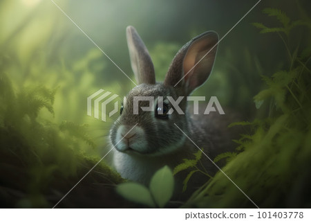 Cute brown hare, lepus europaeus, jumping closer on grass in spring nature. Young brown rabbit coming forward in green wilderness. Neural network AI generated art 101403778