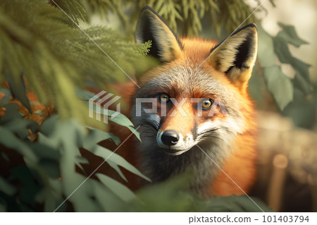 Fox in green forest. Wildlife scene from nature. Neural network AI generated art 101403794