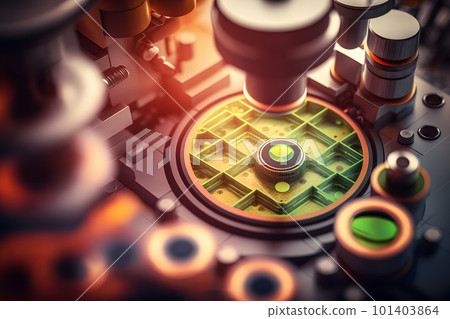 Close-up shot of microscope with metal lens at laboratory. Neural network AI generated art 101403864