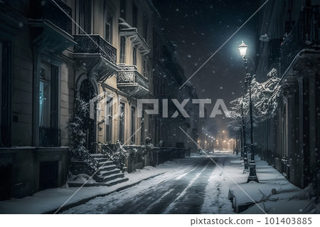 Winter city street landscape. Neural network AI generated art 101403885