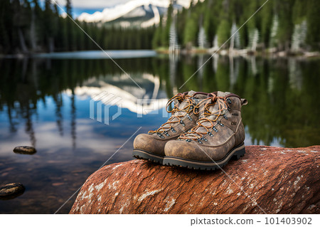 Hiking boots and beautiful natural landscape view. Neural network AI generated art 101403902