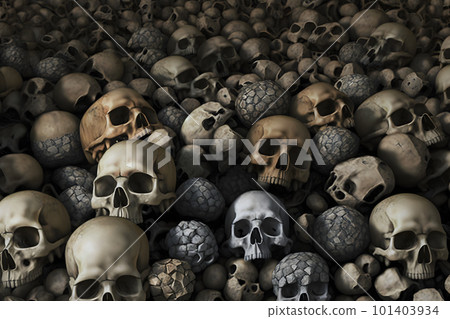 Wall of human bones and skulls in a catacomb. Neural network AI generated art Wall of human bones and skulls in a catacomb. Neural network AI generated art 101403934