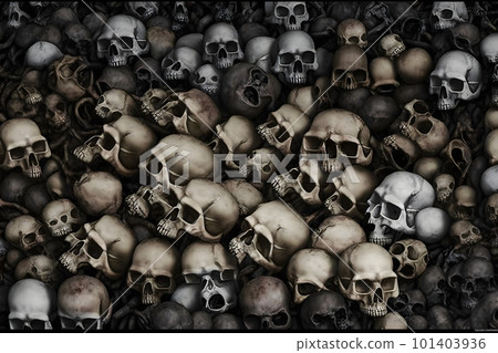 Wall of human bones and skulls in a catacomb. Neural network AI generated art 101403936