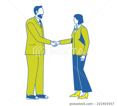 西裝握手的簡單雙色插圖 一個留著鬍子的男人和一個穿西裝的女人 商業形象談判 西裝握手的簡單雙色插圖 一個留著鬍子的男人和一個穿西裝的女人 商業形象談判 101403937