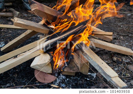 A fire burns in a campfire with a red fire in the background. High quality photo A fire burns in a campfire with a red fire in the background. High quality photo 101403938