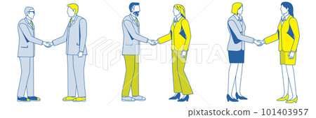 Simple 2-color illustration set of handshakes in suits, men and women in suits, business image negotiations Simple 2-color illustration set of handshakes in suits, men and women in suits, business image negotiations 101403957