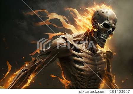 Scary skeleton on fire. Neural network AI generated art 101403967
