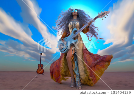 Beautiful rock star woman with electric guitar. Neural network AI generated art 101404129