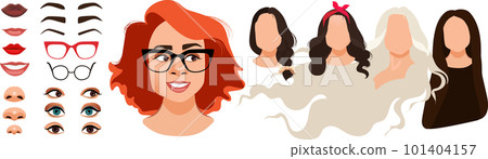 Woman face constructor, avatar of female character creation dark skin heads, hairstyle, nose, eyes with eyebrows and lips. Isolated facial elements for construction cartoon vector set 101404157