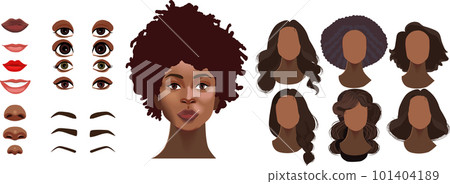 Woman face constructor, avatar of african american female character creation dark skin heads, hairstyle, nose, eyes with eyebrows and lips. Isolated facial elements for construction cartoon vector set Woman face constructor, avatar of african american female character creation dark skin heads, hairstyle, nose, eyes with eyebrows and lips. Isolated facial elements for construction cartoon vector set 101404189