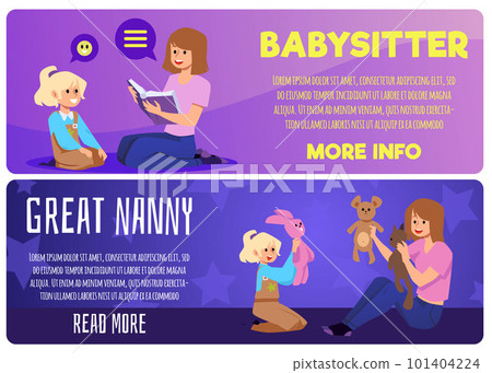 Babysitter service advertising web banners set, flat vector illustration. 101404224