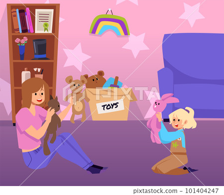 Babysitter playing with little girl, nanny services - flat vector illustration. 101404247