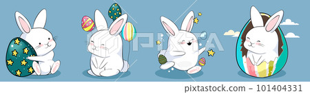 Happy Easter, decorated easter card, banner. Bunnies, Easter eggs, flowers and basket. Folk style patterned design. . Vector illustration 101404331