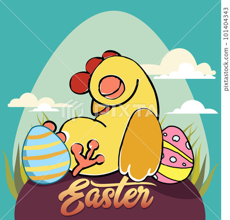 Happy Easter, decorated easter card, banner. Bunnies, Easter eggs, flowers and basket. Folk style patterned design. . Vector illustration 101404343