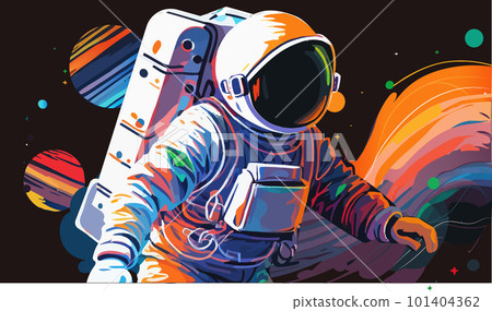 Astronaut explores space being desert planet. Astronaut space suit performing extra cosmic activity space against stars and planets background. Human space flight. Modern vector illustration 101404362