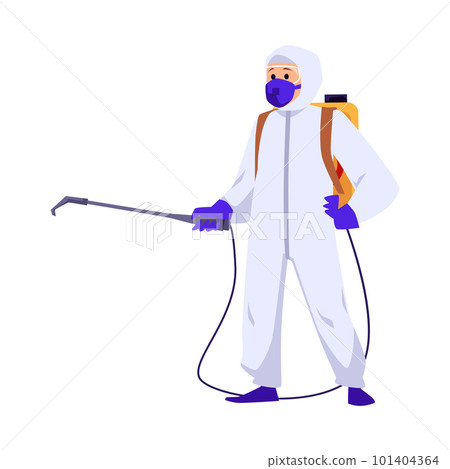 Pest control disinfector in suit with spray, flat vector illustration isolated. Pest control disinfector in suit with spray, flat vector illustration isolated. 101404364